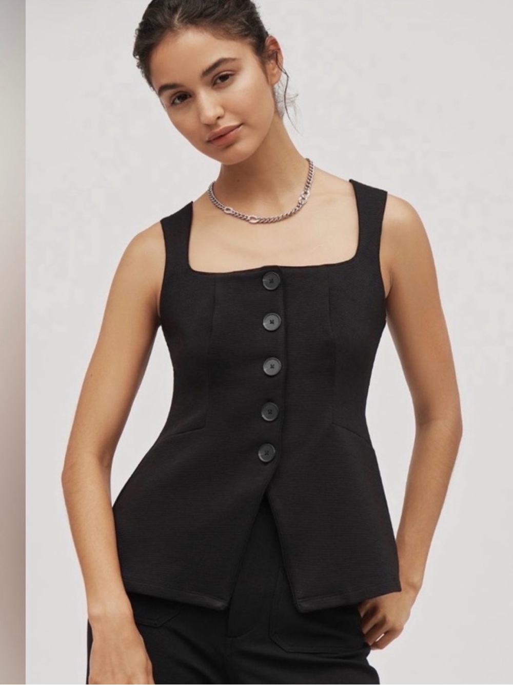 Lightly used- Maeve Black Button-Front Square Neck Tank Top